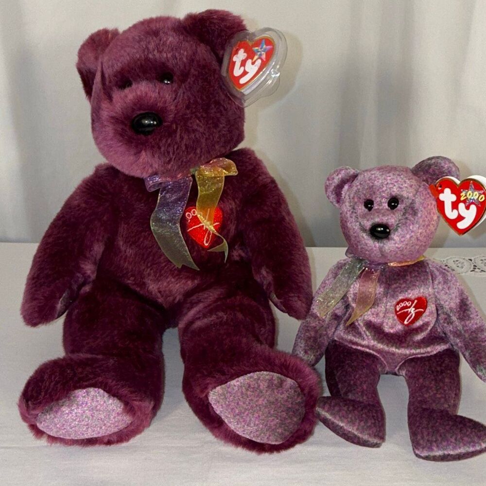 TY Signature Bear 2000 Beanie Baby & Beanie Buddy Set – Millennium Burgundy Plus